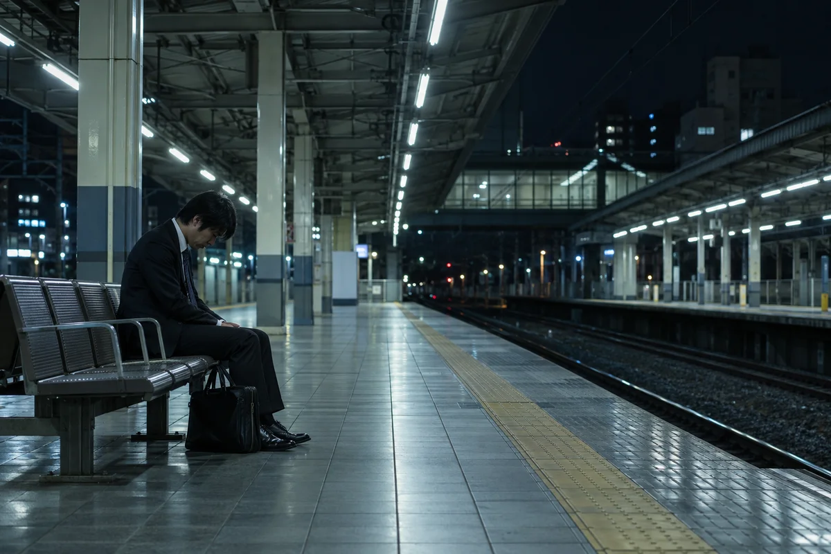 夜晚下班后,一名上班族独自坐在安静车站的长椅上,低着头,头顶是冷色的荧光灯