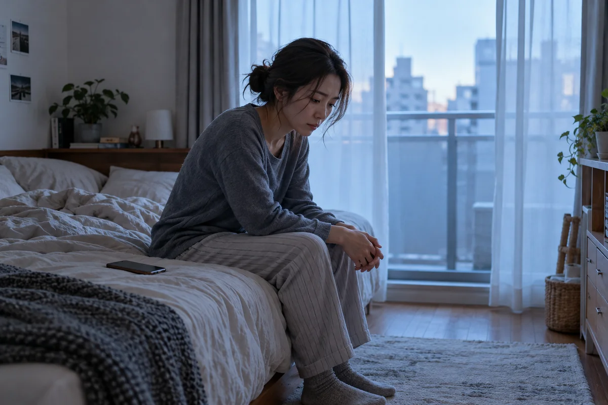 早朝の小さな部屋で、ベッドの端に静かに座る女性