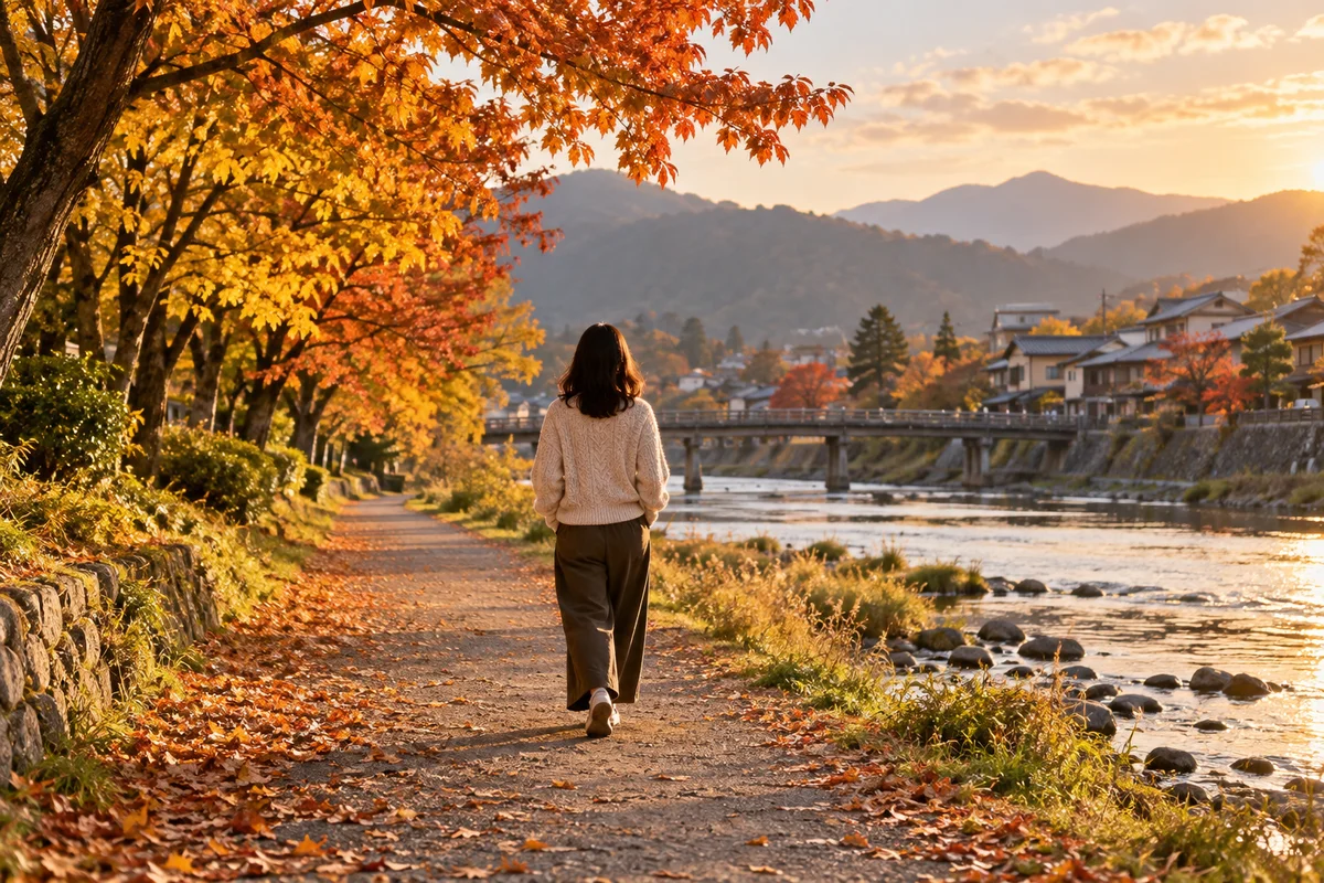 秋の木々が並ぶ静かな川沿いの道を、やわらかな午後の光の中でひとり歩く女性