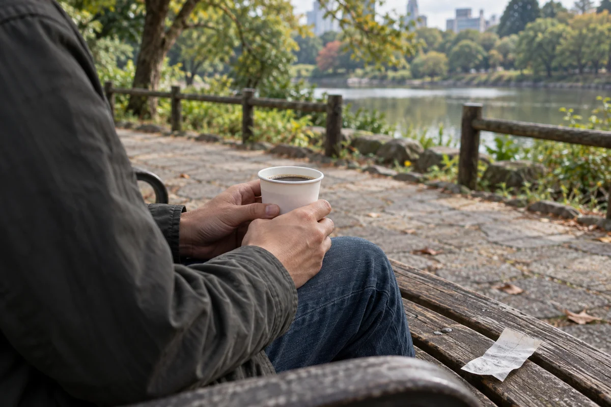 特写:一个人在公园长椅上双手捧着一小杯纸杯咖啡,旁边放着一张揉皱的便利店小票,阴天的柔和光线