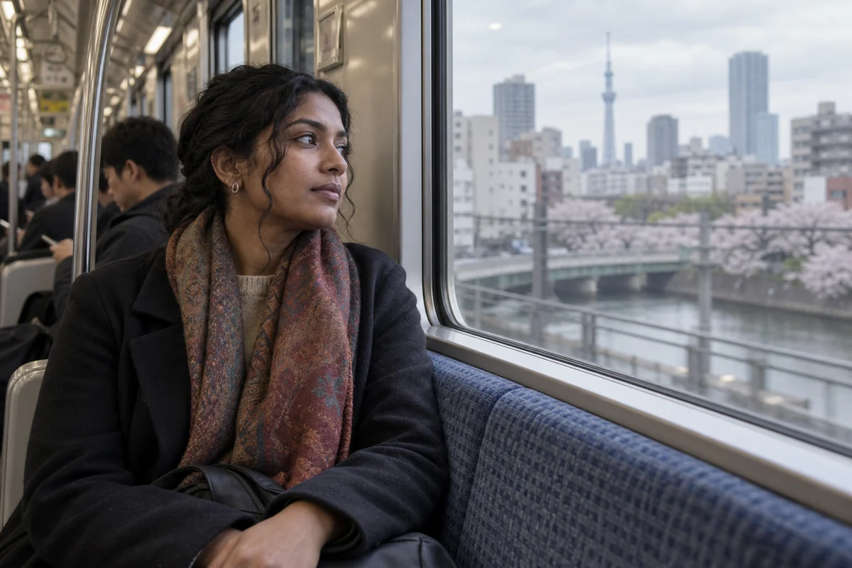 A woman looking thoughtfully through a commuter train window in Japan