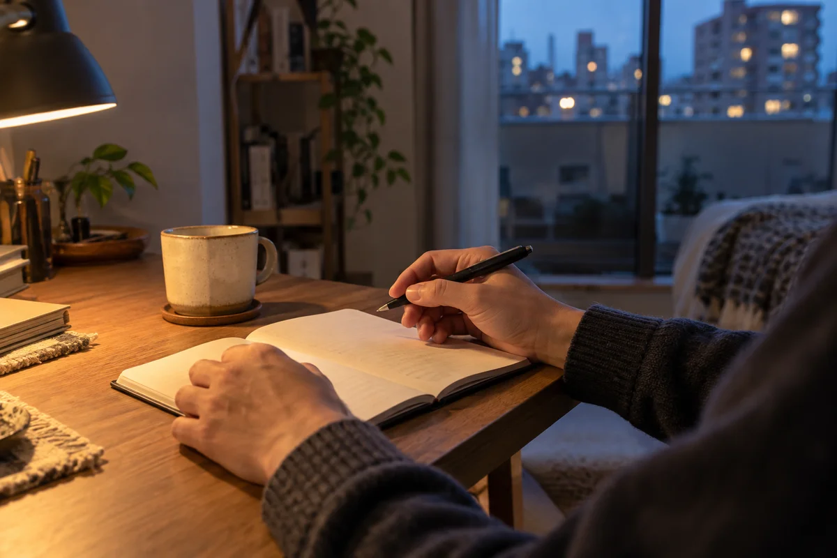 A close-up of hands pausing over a notebook at a softly lit apartment desk