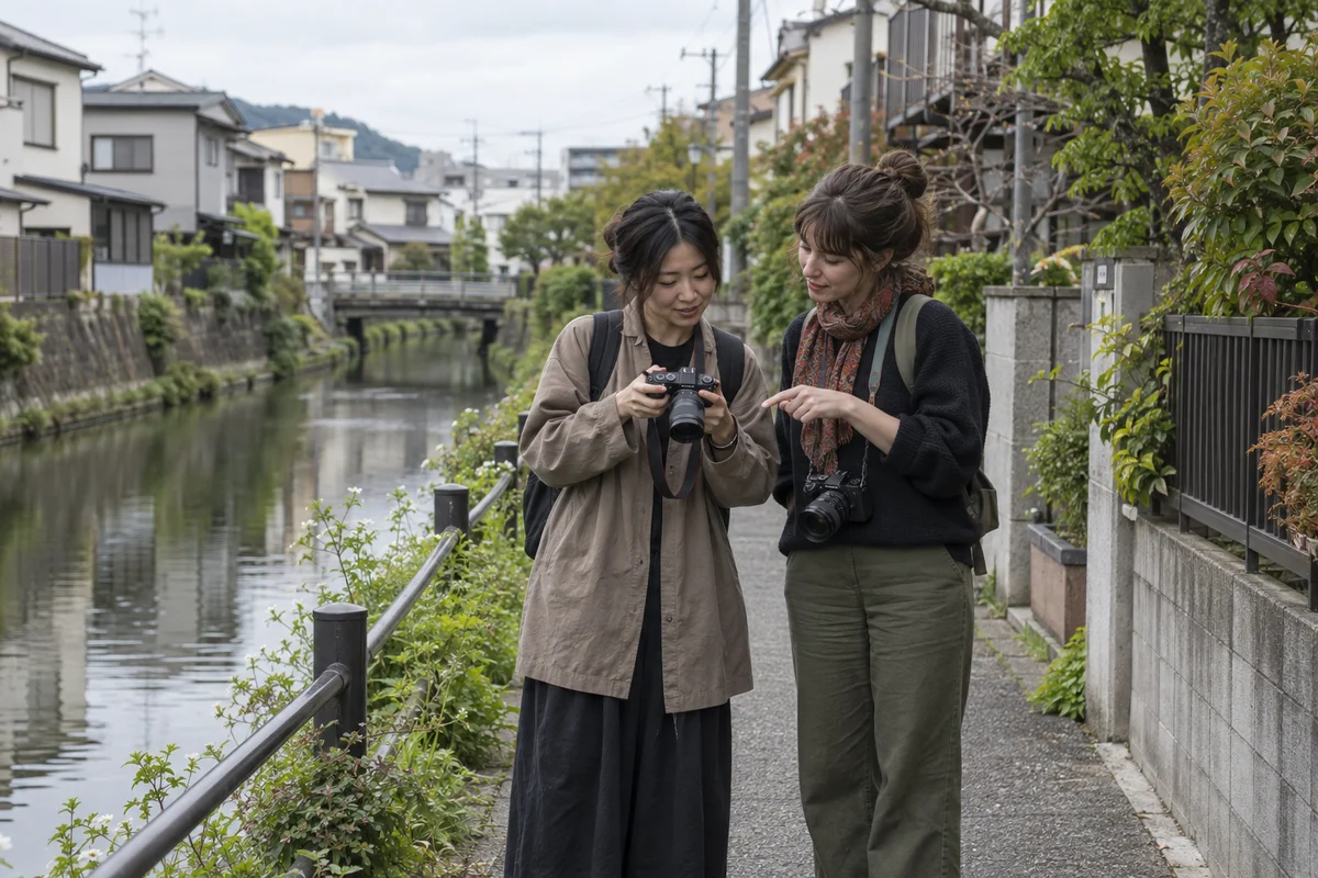 Two women sharing an interest in photography during a walk beside a Japanese neighborhood canal