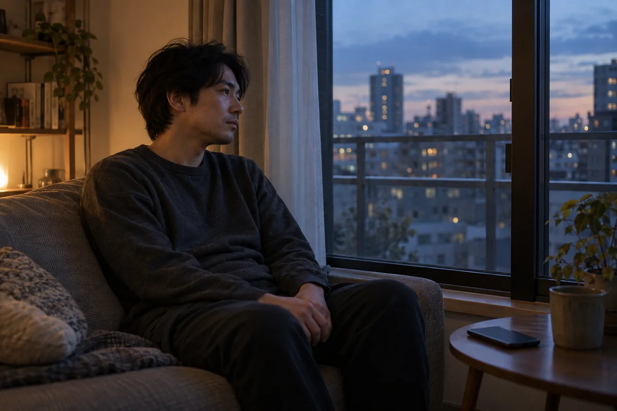 夕暮れのアパートの窓辺に一人で座る男性。そばにはスマホが置かれたまま