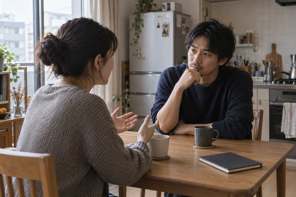 柔らかな日差しの差すキッチンの小さなテーブルで、真剣に向き合って話す二人の大人
