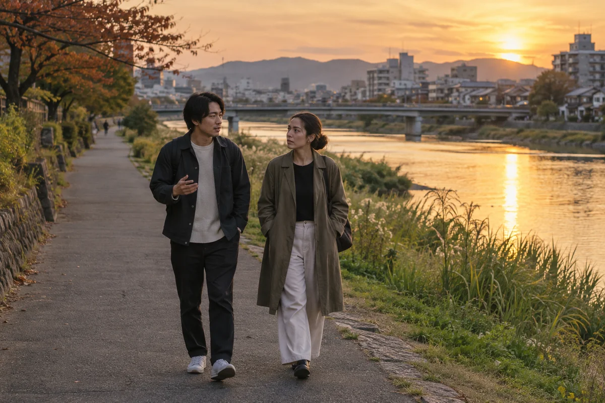 夕暮れの日本の川沿いを歩く二人の友人。一人が話し、もう一人が耳を傾けている