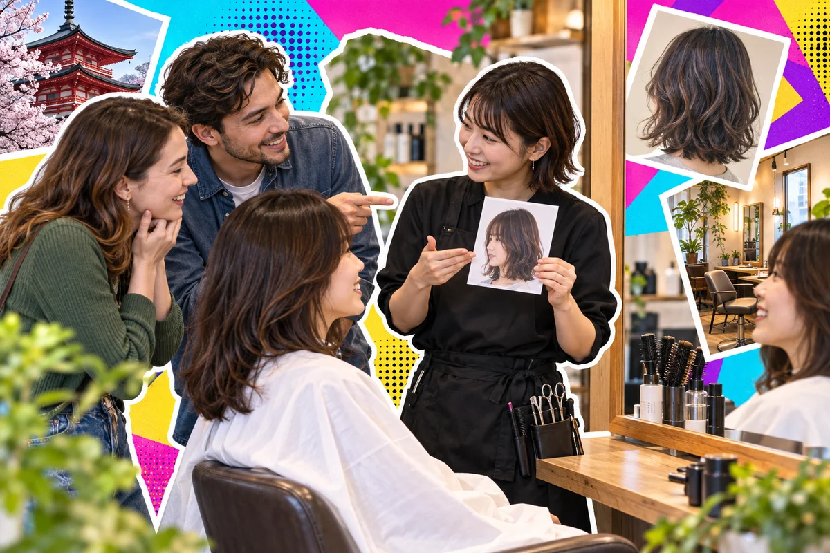 Cliente com cachos naturais conversando tranquilamente com um cabeleireiro japonês