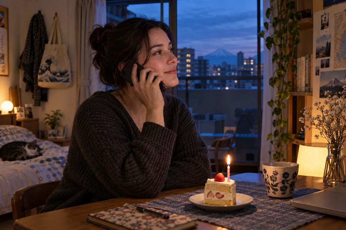Residente internacional comendo bolo de aniversário em um apartamento acolhedor enquanto conversa com um amigo pelo telefone