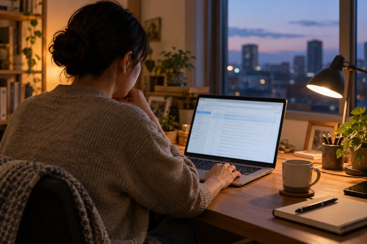 夕方のデスクでノートパソコンのメールを読む人の肩越しの様子