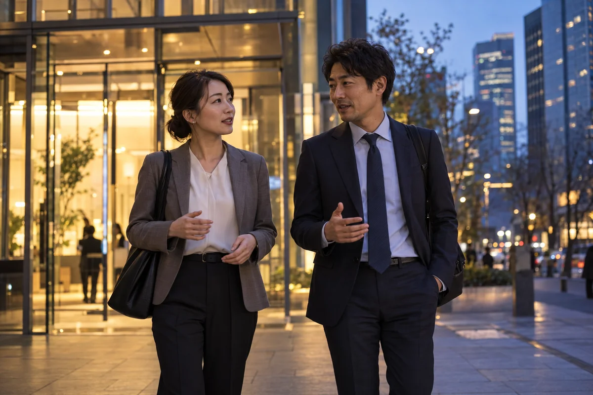 夕暮れの東京でオフィスビルから一緒に歩いて出る2人の同僚