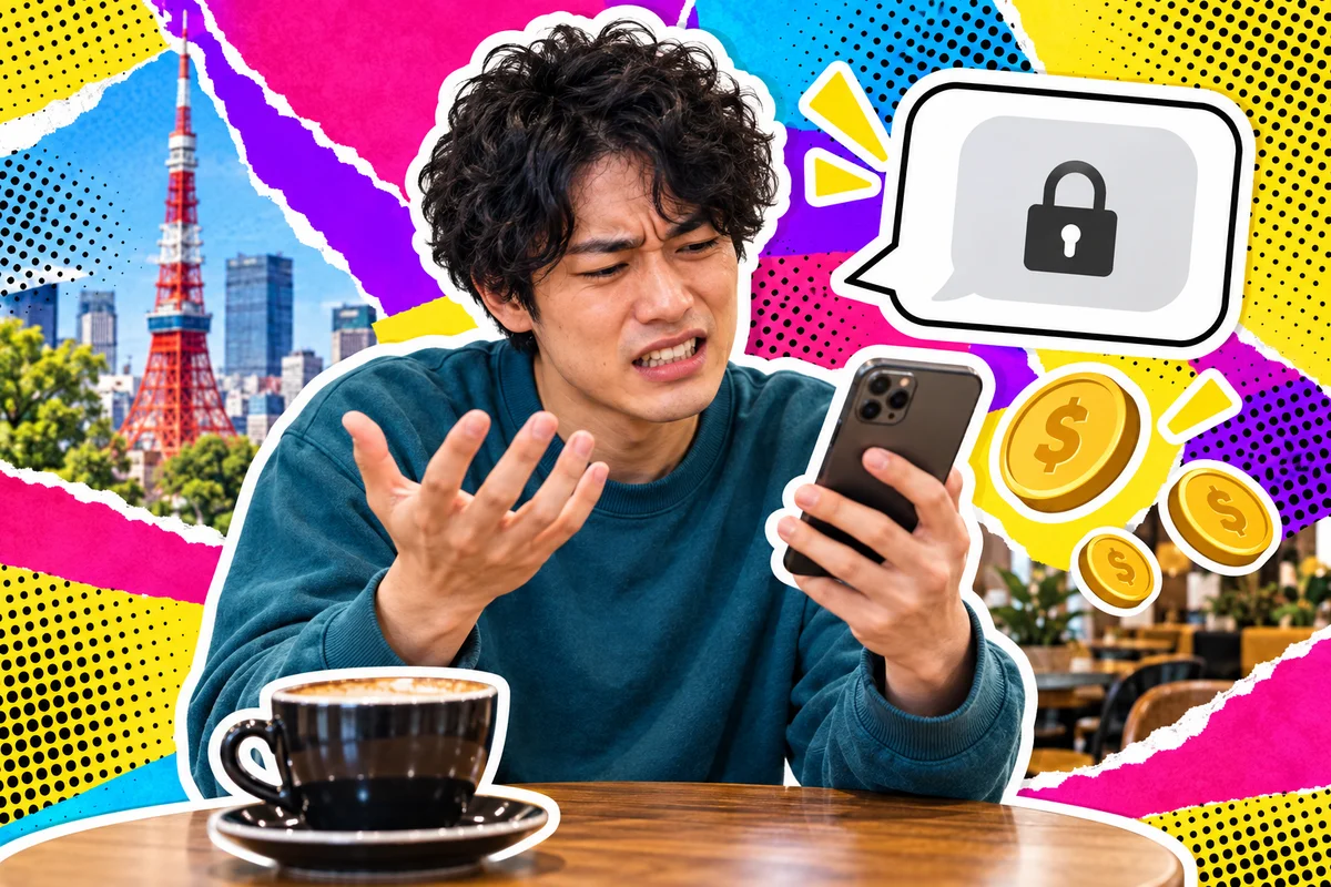 Homem frustrado com as limitações pagas de um app de conversa