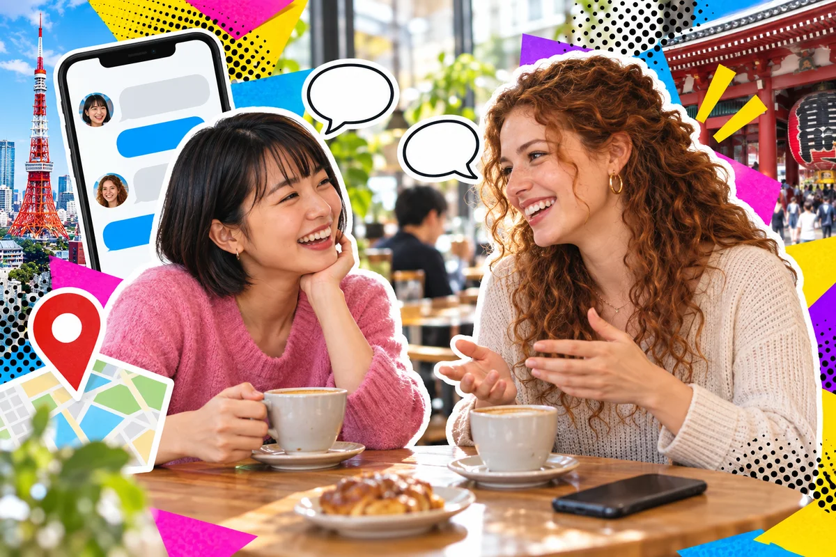 Amigos japoneses e estrangeiros conversando em um café