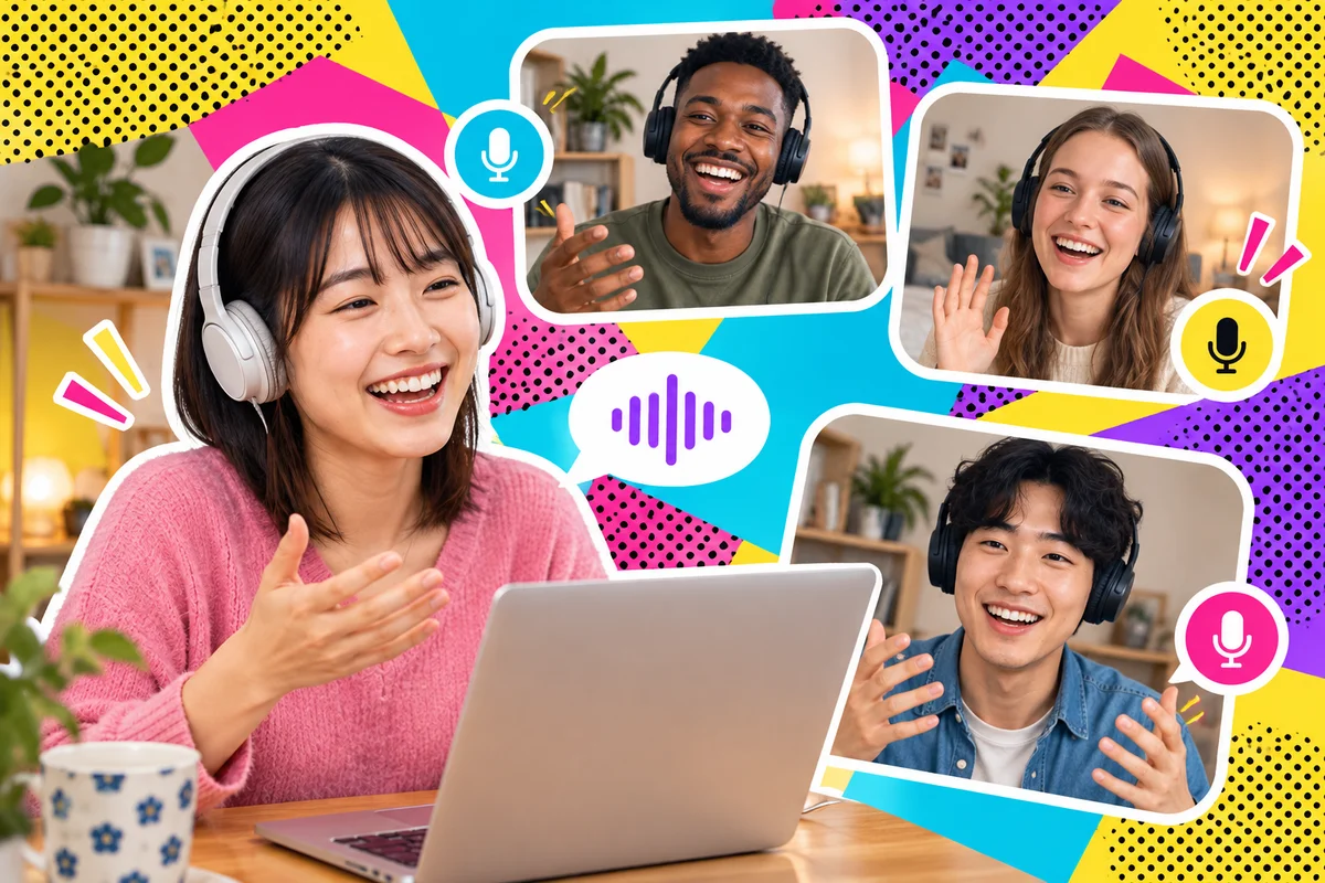 Amigos de diferentes países conversando por chamada de voz