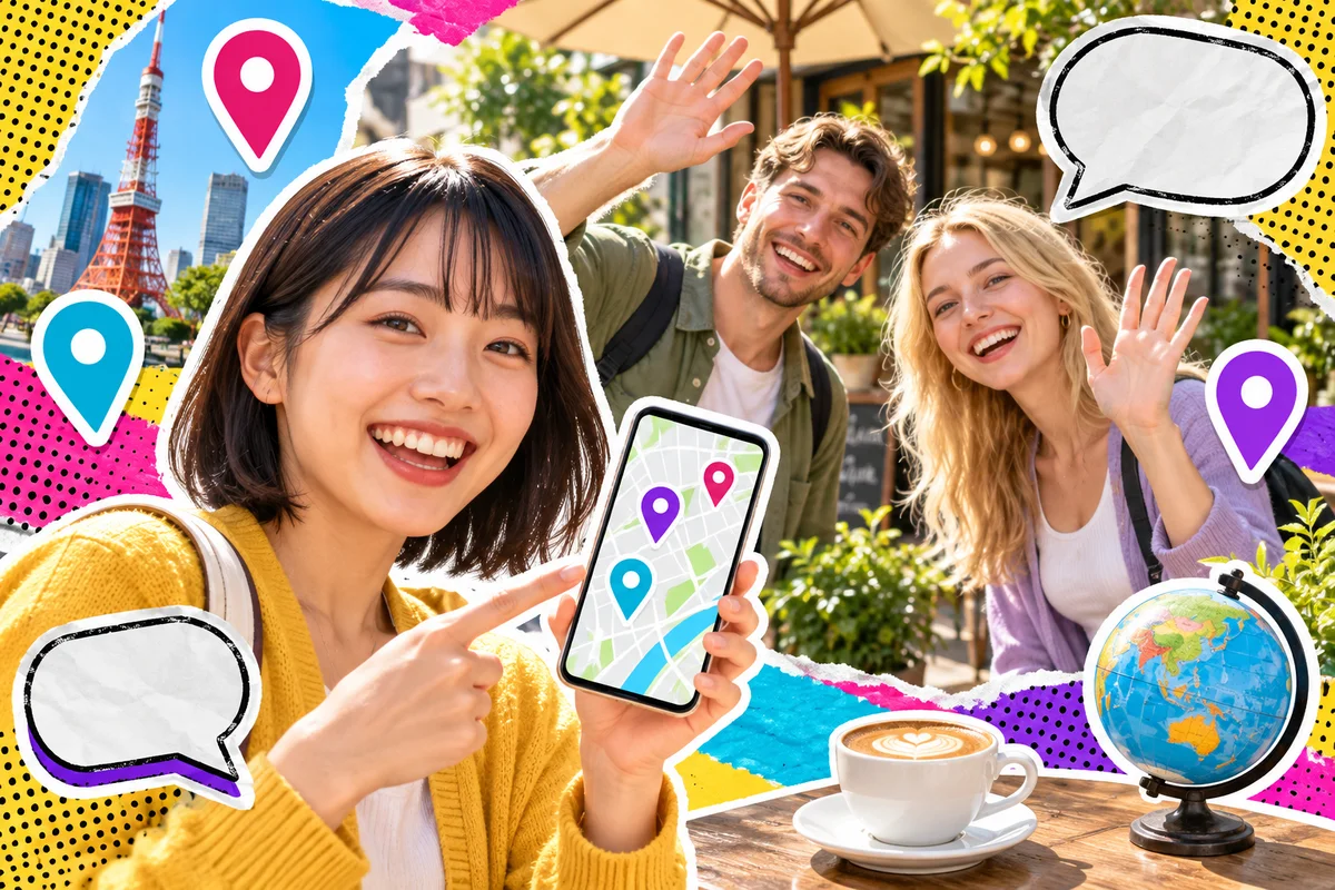 Mulher procurando amigos estrangeiros próximos no mapa