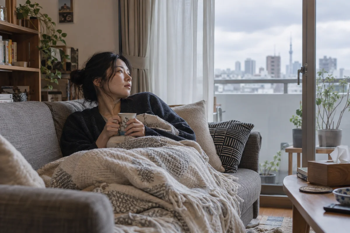 An adult resting on a sofa in a small Tokyo apartment, looking toward a window in soft gray daylight