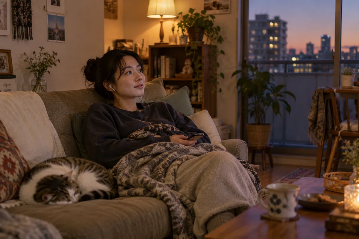 An adult resting comfortably with cushions and an earbud during a quiet phone conversation at home in warm evening light