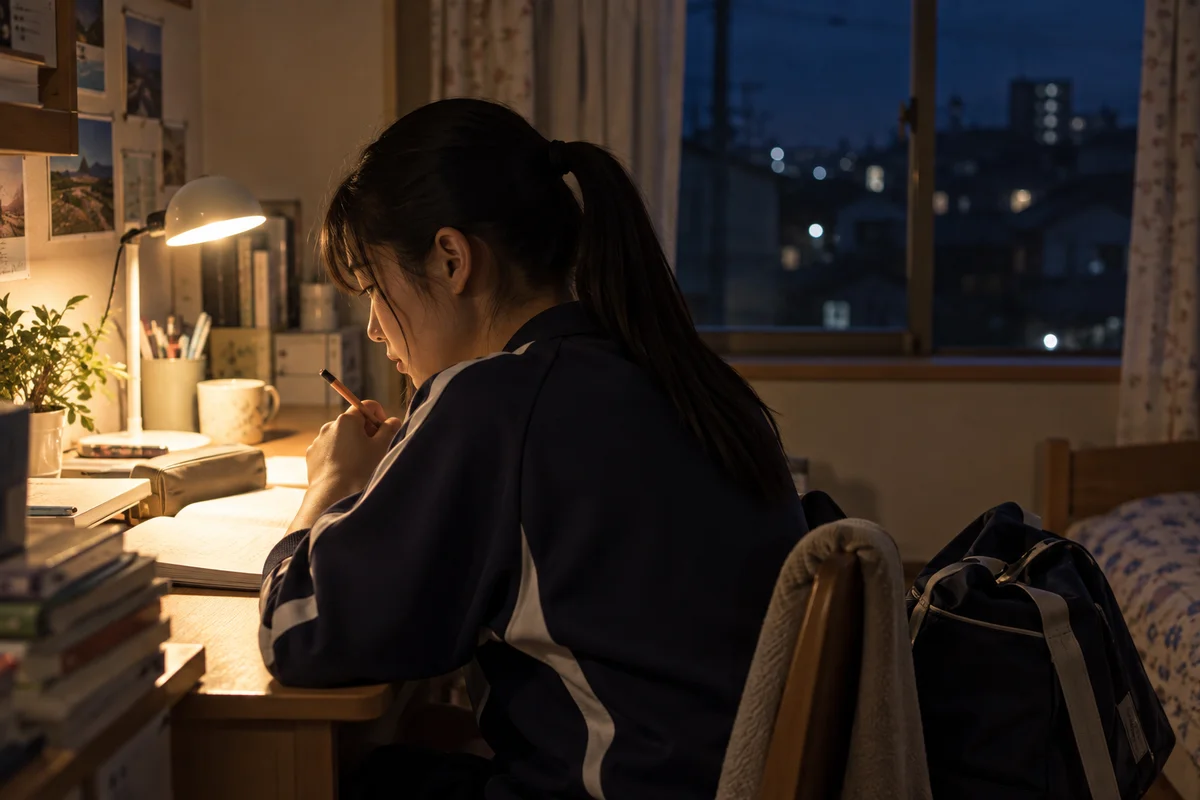A teenager pausing over homework beside a sports bag at a softly lit desk