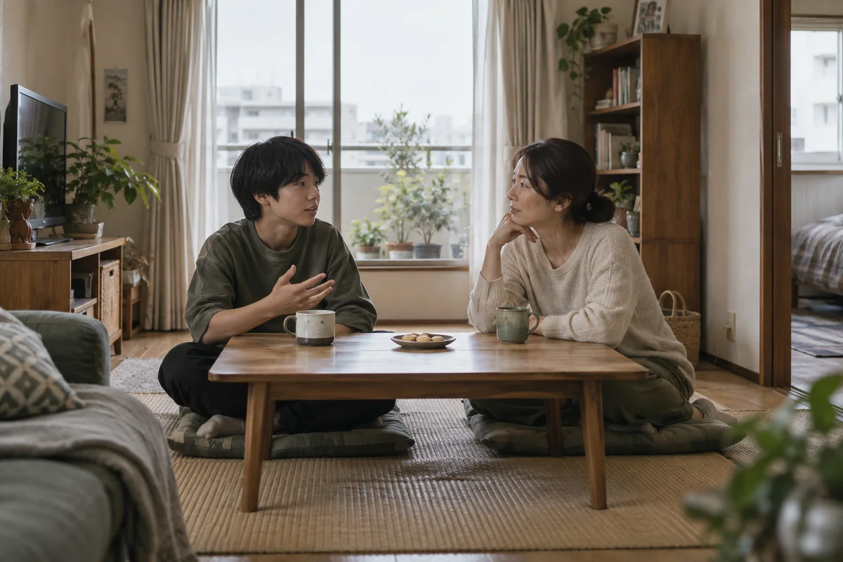 A parent listening to their teenager during a quiet conversation at home