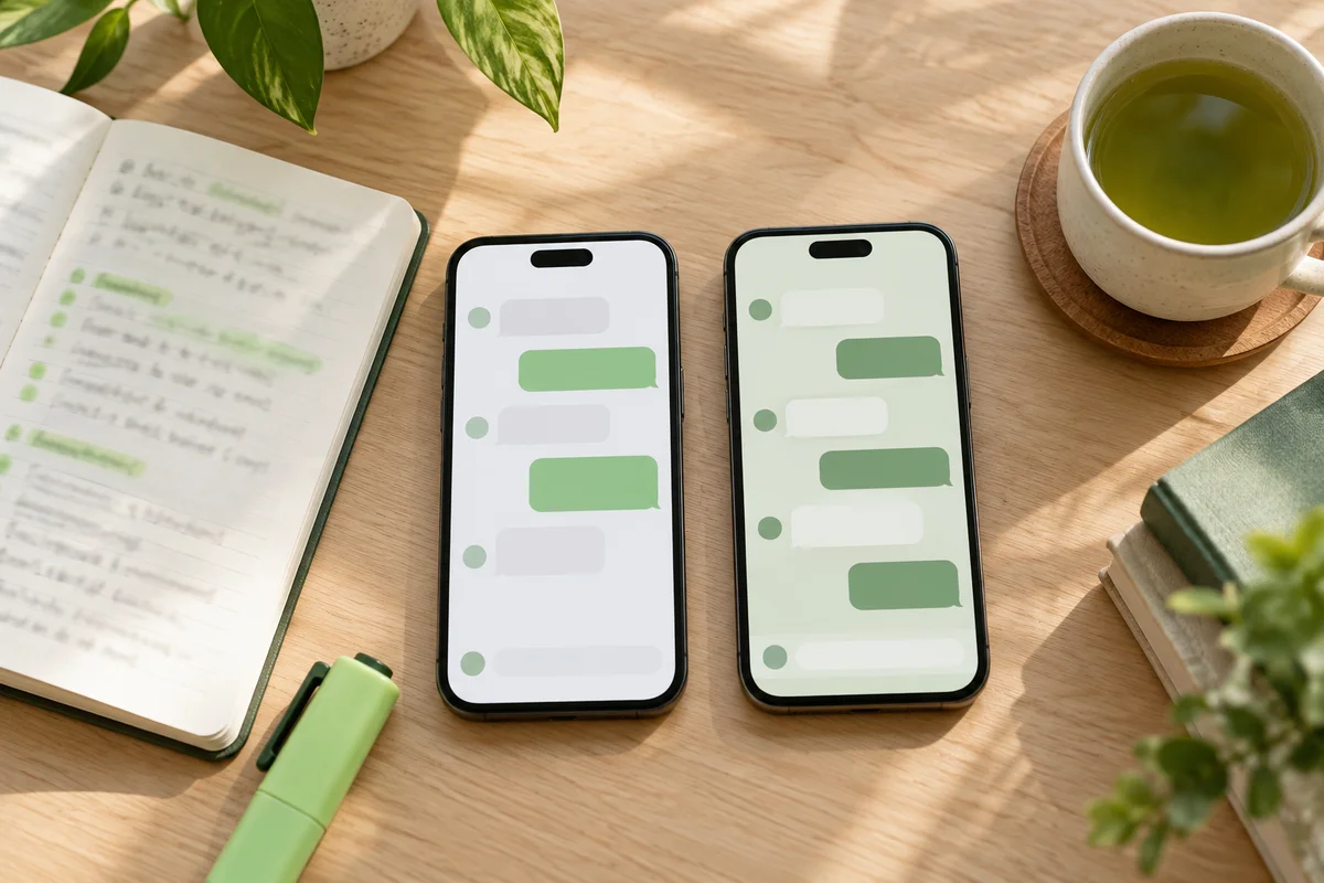 Deux téléphones côte à côte sur un bureau d'étude, avec un cahier ouvert, un surligneur et une tasse de thé vert