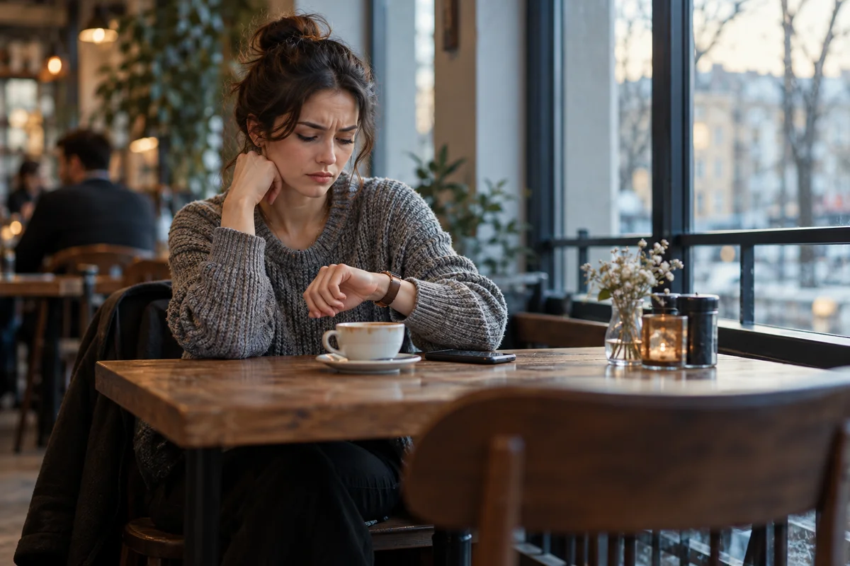 Une jeune femme seule à une table de café regarde sa montre, face à une chaise vide