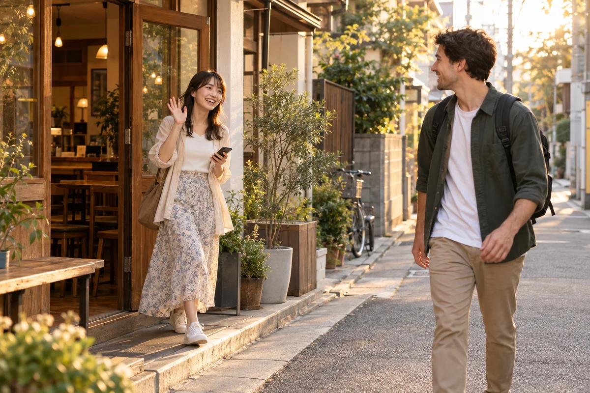 Dans une rue calme, une jeune femme sortant d'un petit café fait signe à un nouvel ami venu de l'étranger qui vient la rejoindre