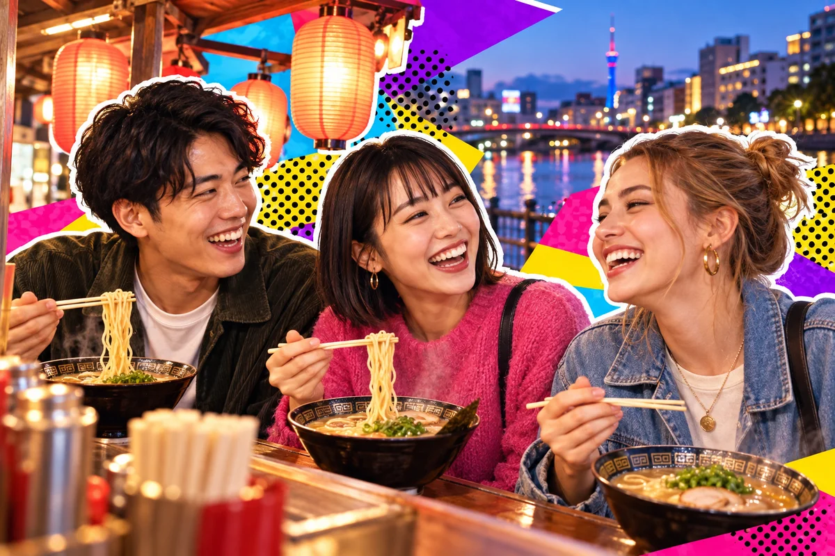 福岡の屋台でラーメンを楽しむ友達