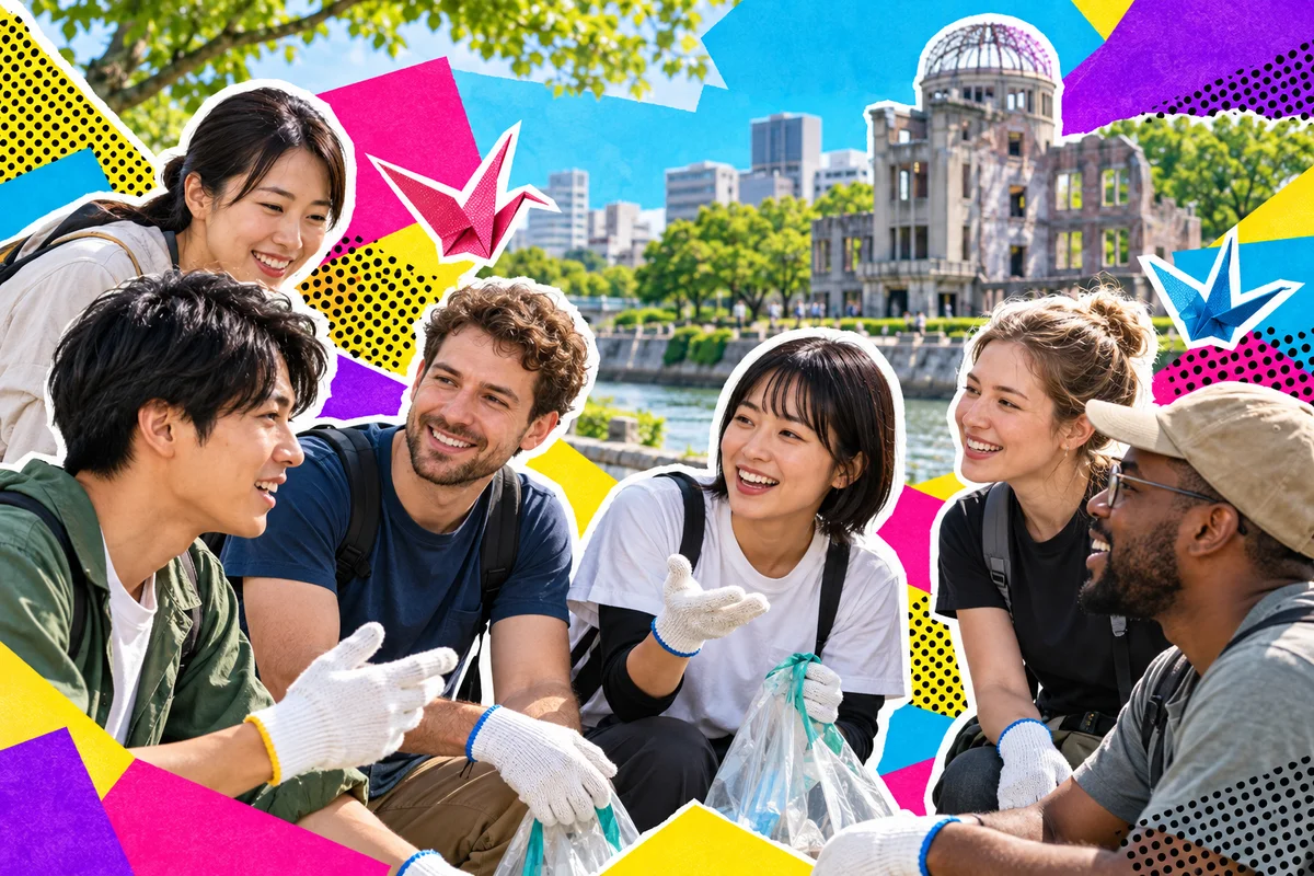 Amigos japoneses e voluntários internacionais convivendo à beira de um rio em Hiroshima
