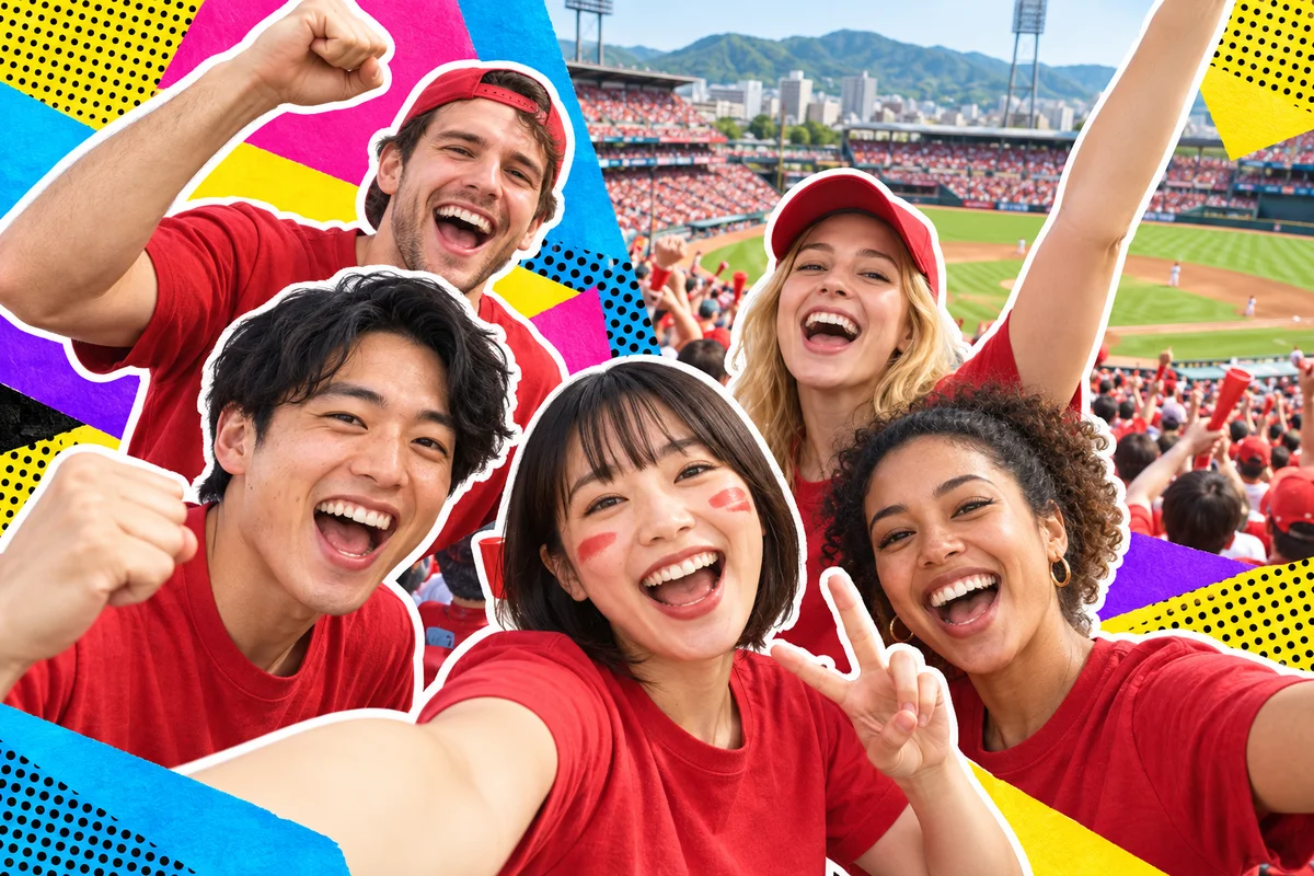 Amigos japoneses e internacionais torcem juntos num estádio de beisebol de Hiroshima
