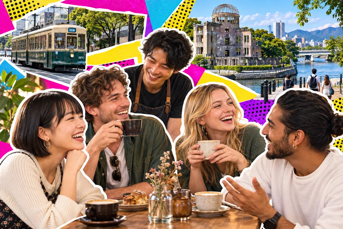Amigos internacionais que se tornaram frequentadores de um café de bairro em Hiroshima