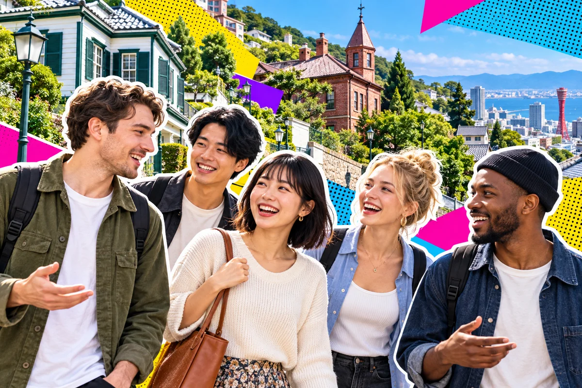 Amigos japoneses e de outros países caminham por Kitano, em Kobe