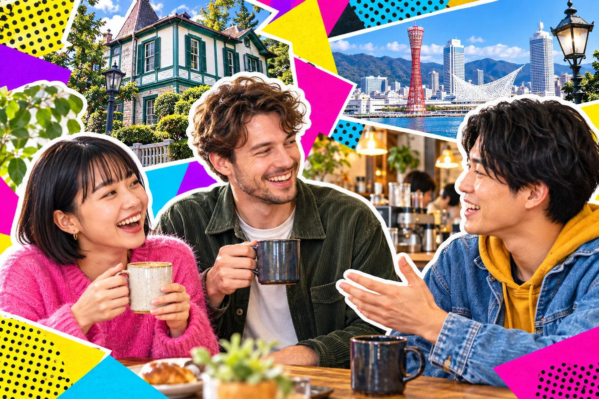 Amigos japoneses e de outros países conversam num café de Sannomiya