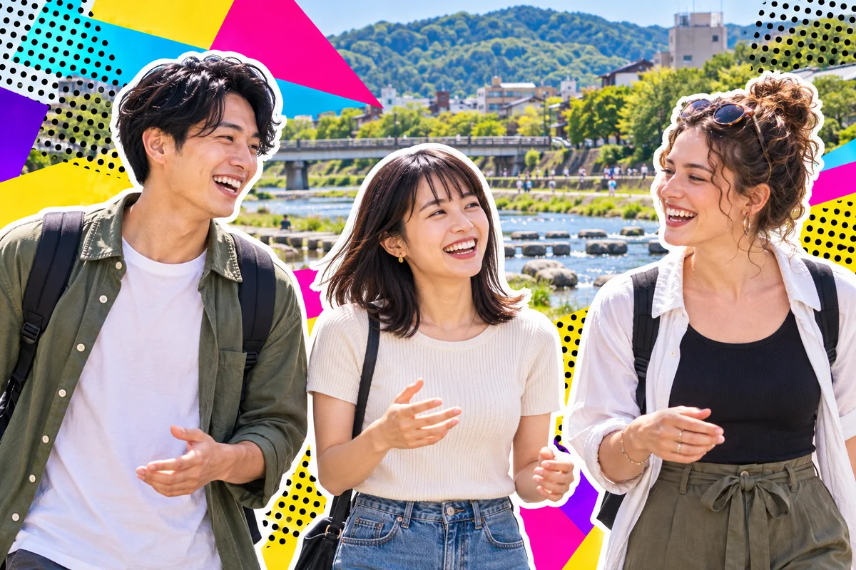 京都の鴨川沿いを散歩する日本人と外国人の友達
