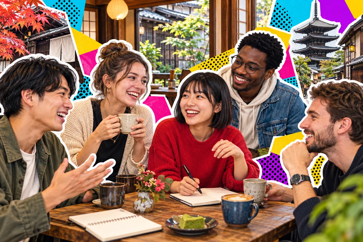 京都のカフェで言語交換を楽しむ友達