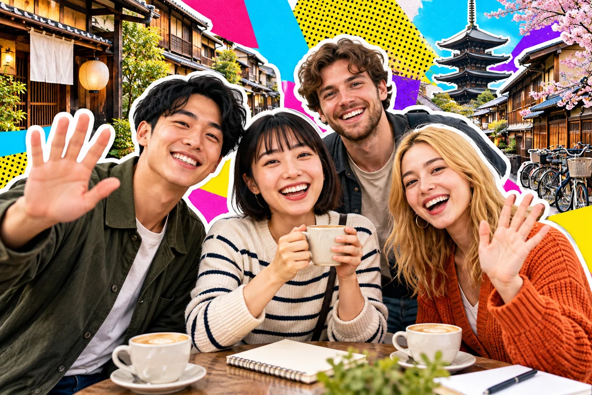行きつけの京都のカフェで再会する日本人と外国人の友達