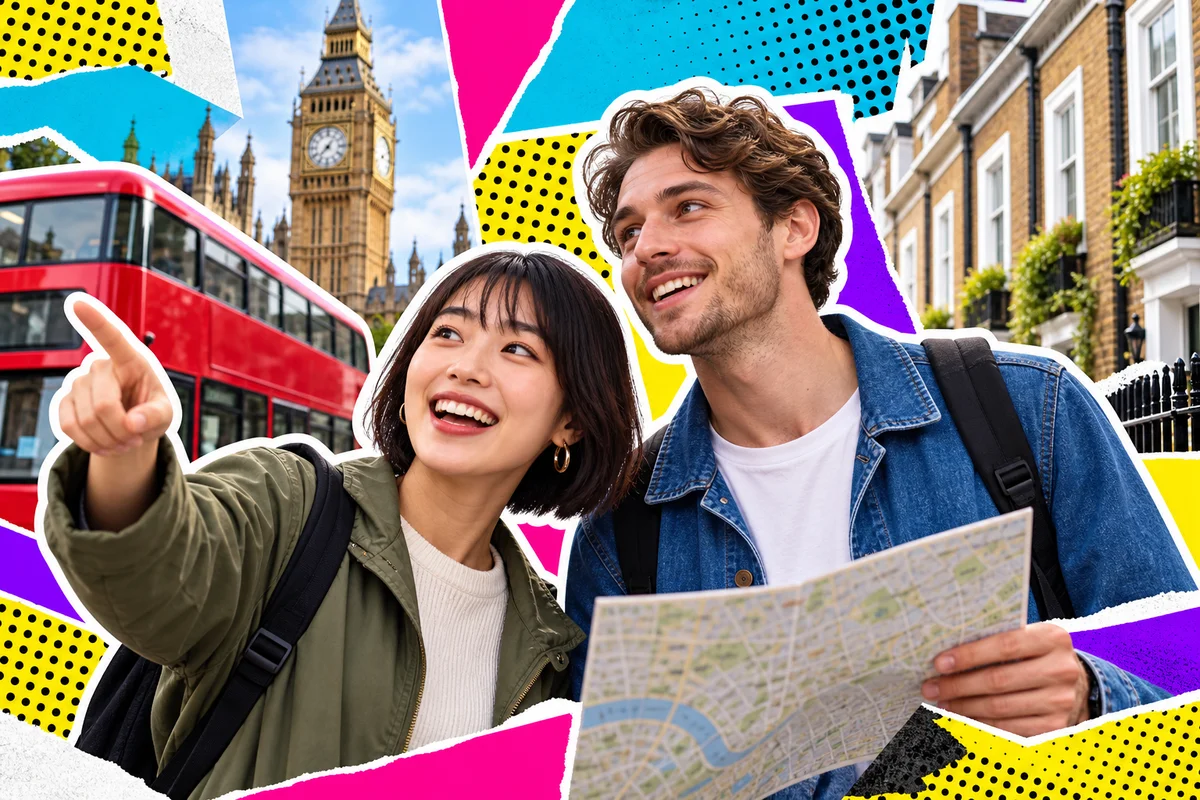 Japanese and British friends exploring a London neighborhood