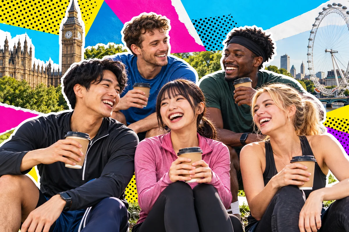 International friends sharing coffee after a run in a London park