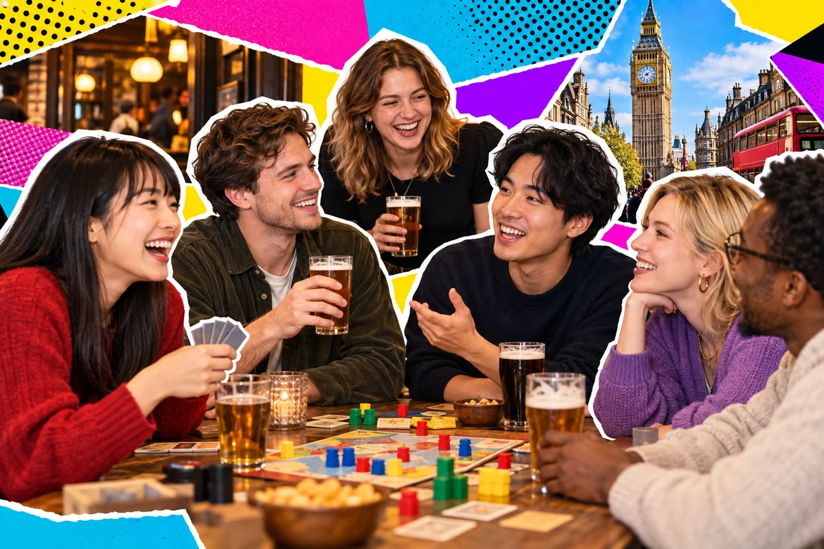 Japanese and international friends enjoying board games in a London pub