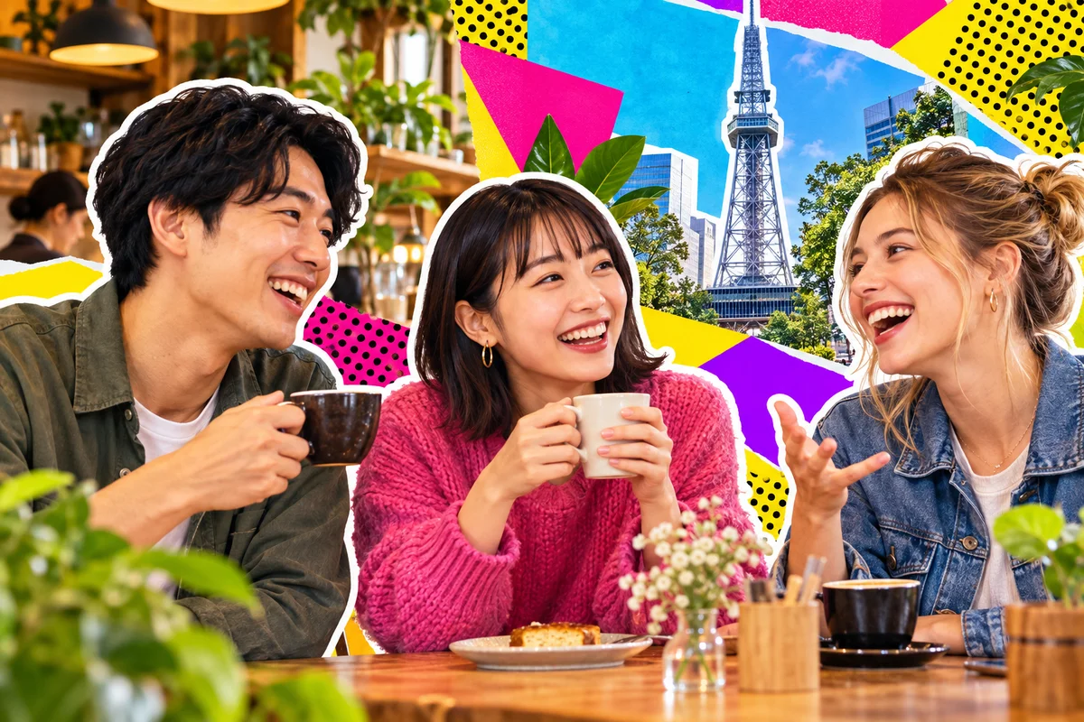Friends chatting over coffee in a Nagoya cafe