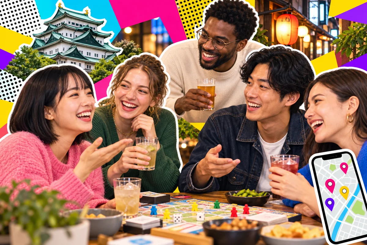 Japanese and international friends enjoying a neighborhood board game gathering in Nagoya