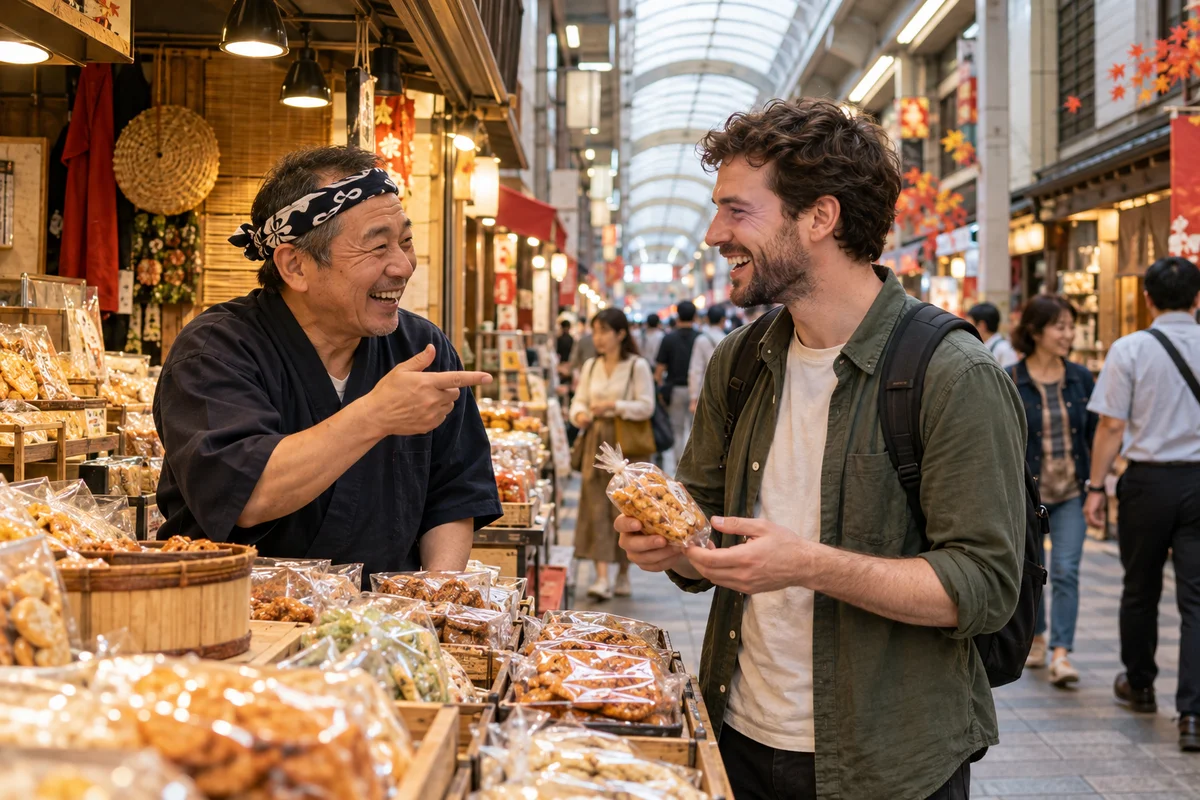 Un commerçant jovial d'Osaka plaisante avec un jeune homme venu de l'étranger devant son étal dans une galerie marchande couverte