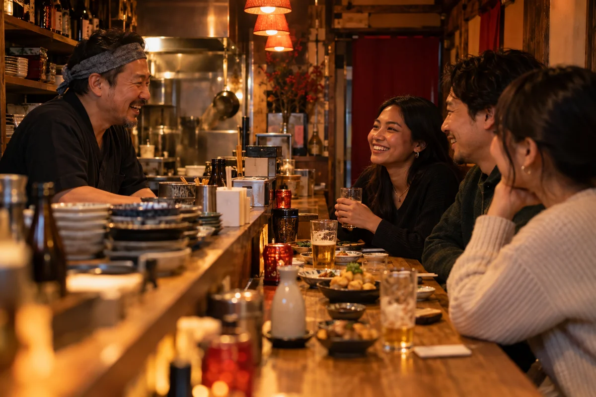 Des habitués discutent avec le patron d'un minuscule bar à comptoir d'Osaka, le soir