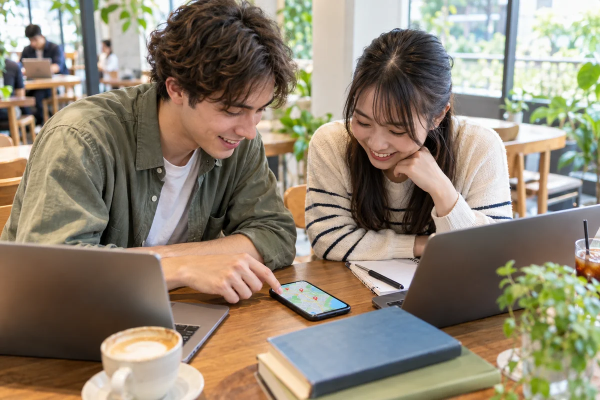 大阪の大学近くの明るいカフェで、テーブルに置いたスマホの地図をのぞき込む2人の学生