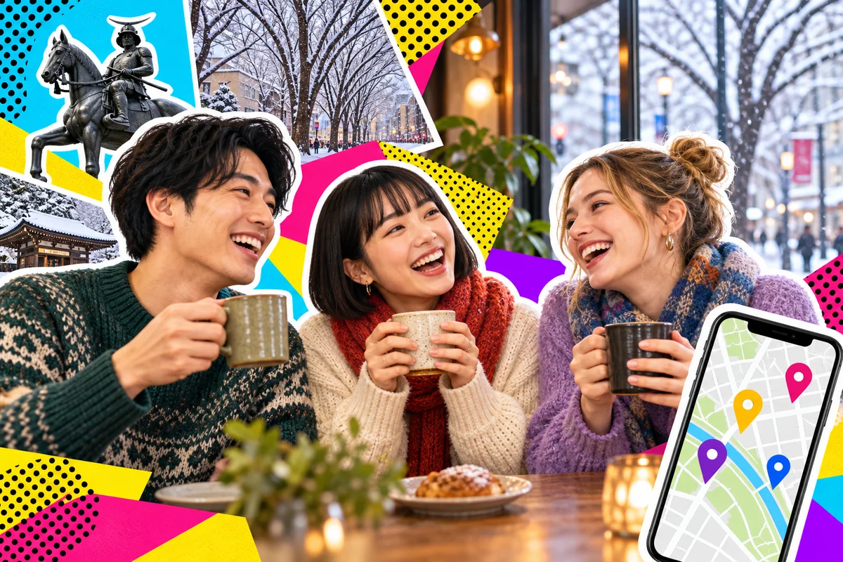 冬の仙台のカフェでコーヒーを飲みながら話す友達
