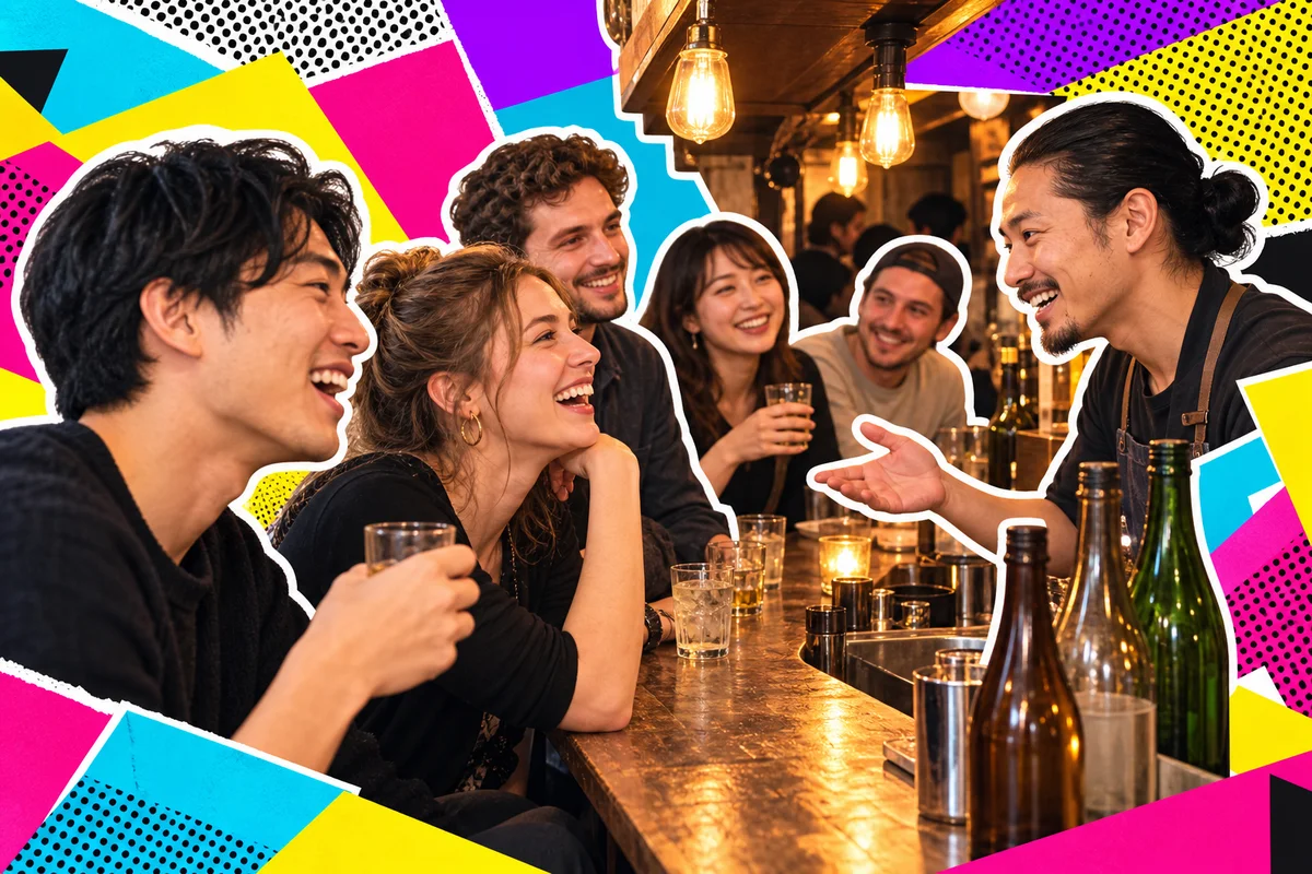 Bartender apresenta clientes japoneses e internacionais num bar de Golden Gai