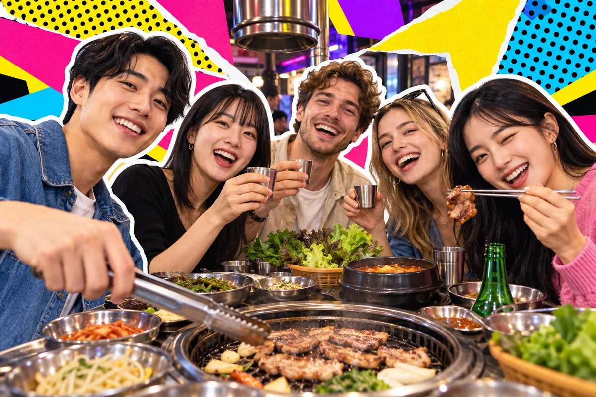 Amigos japoneses e internacionais compartilham churrasco coreano em Shin-Okubo
