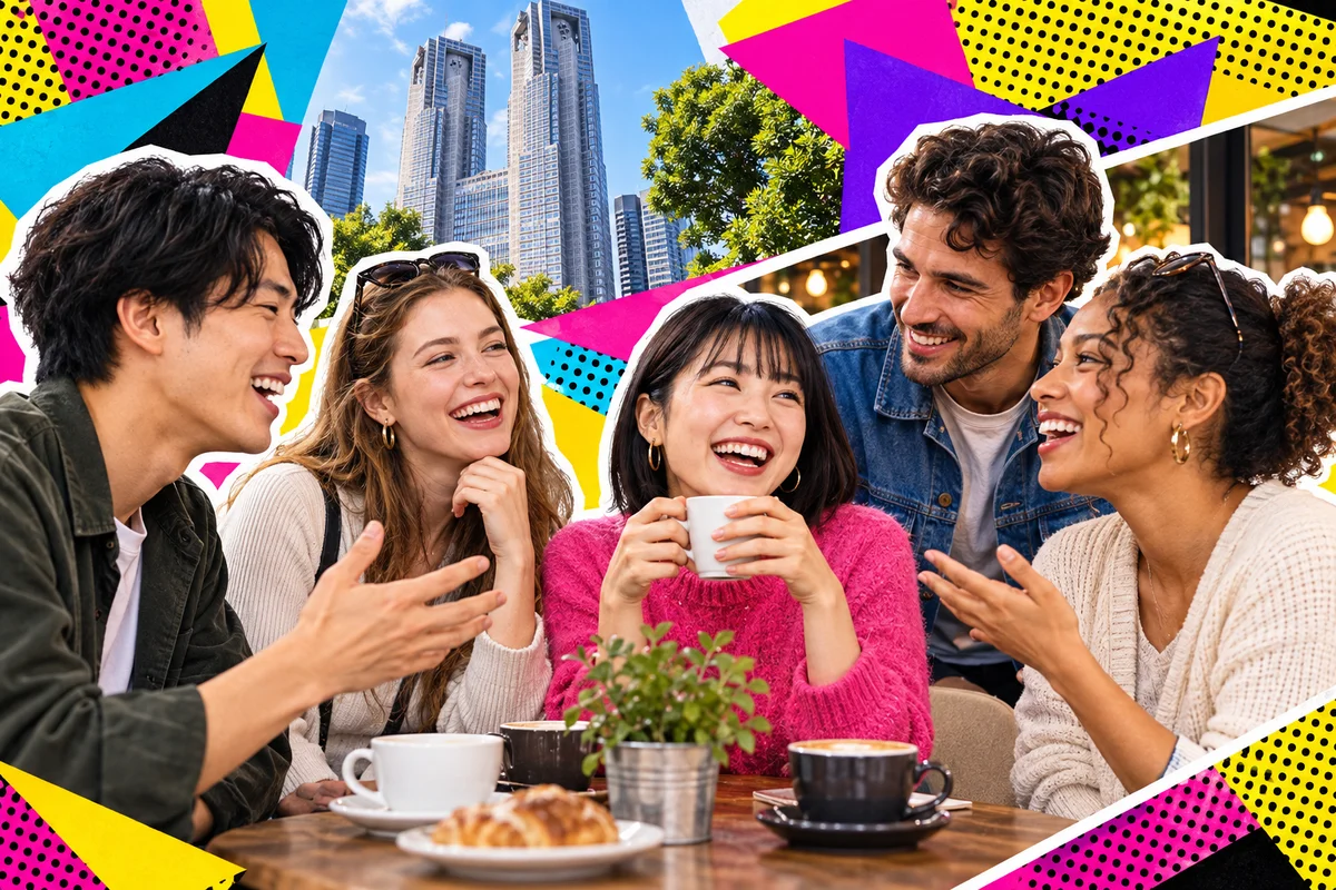 Clientes habituais japoneses e internacionais conversam tomando café em Shinjuku