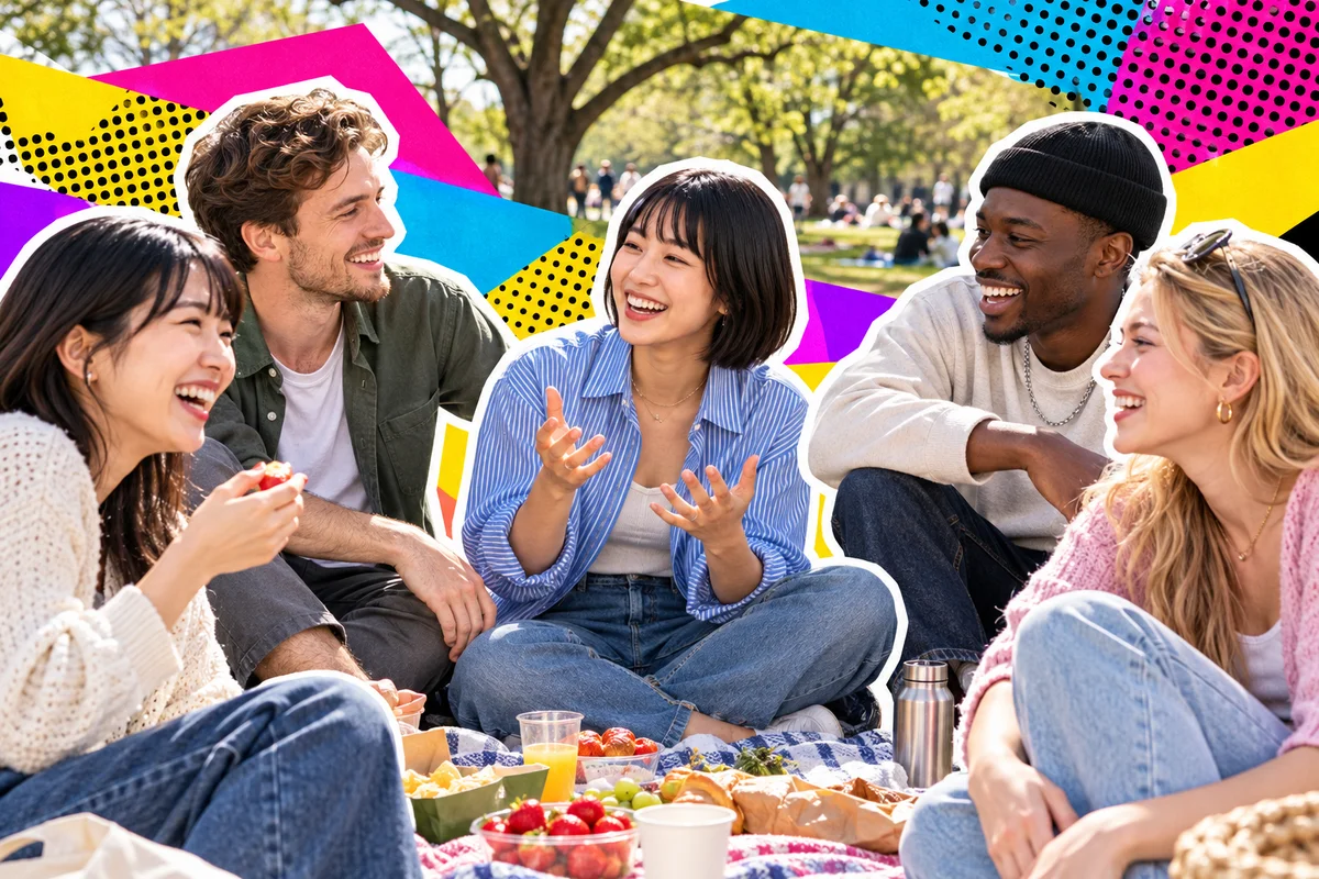 International friends enjoying a picnic in Yoyogi Park