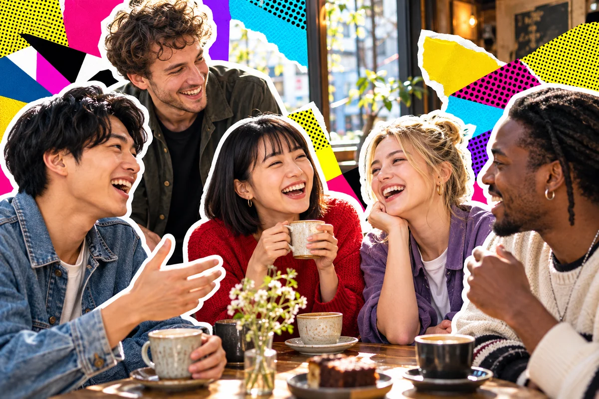 Japanese and international friends chatting at a Tokyo cafe