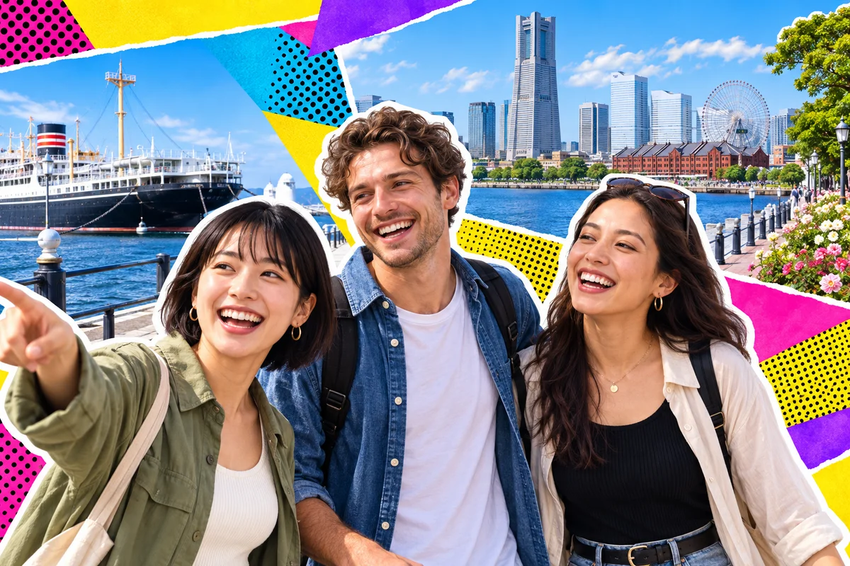 横浜の港沿いを散歩する日本人と外国人の友達