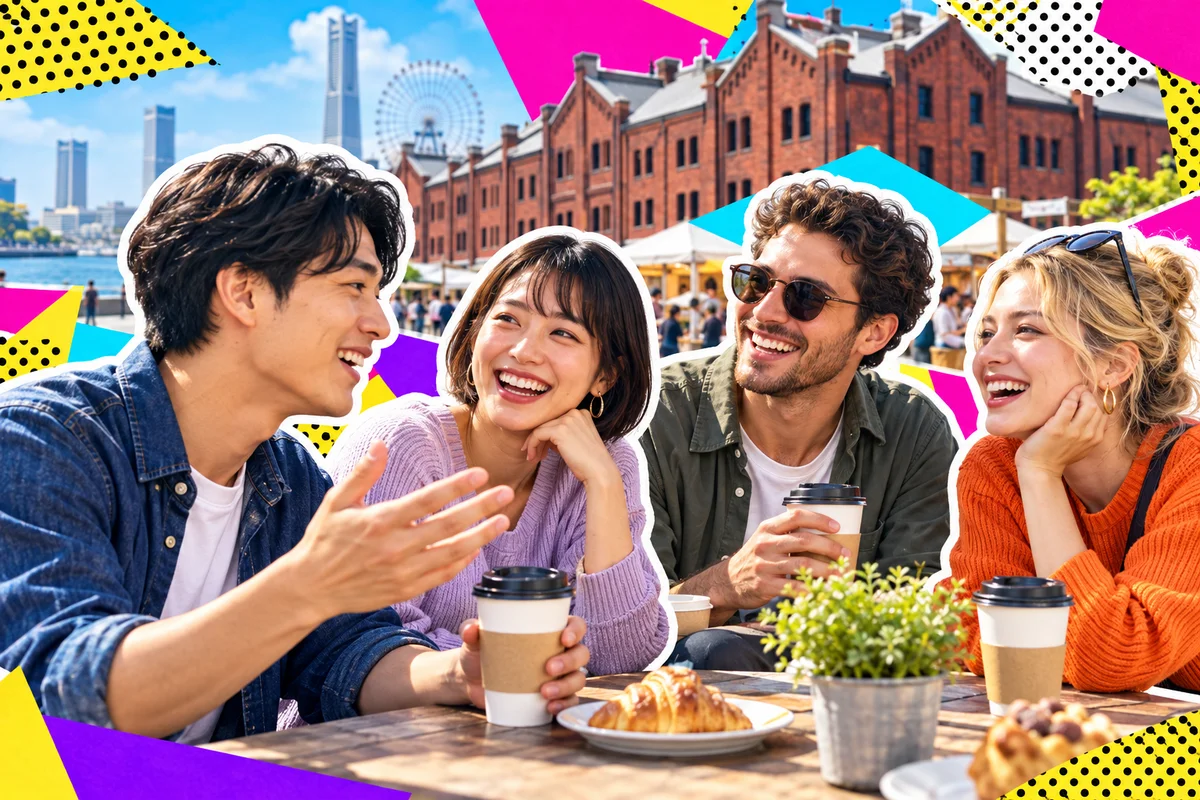 横浜赤レンガ倉庫近くのカフェで話す友達